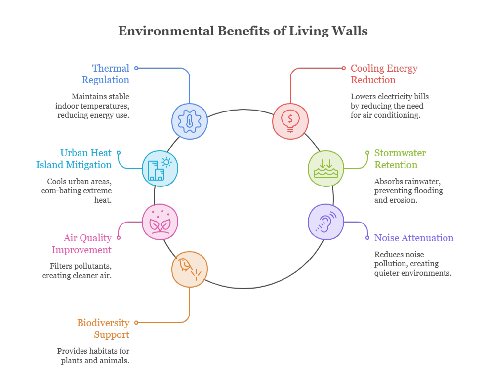 An infographic that illustrates the environmental benefits of living walls