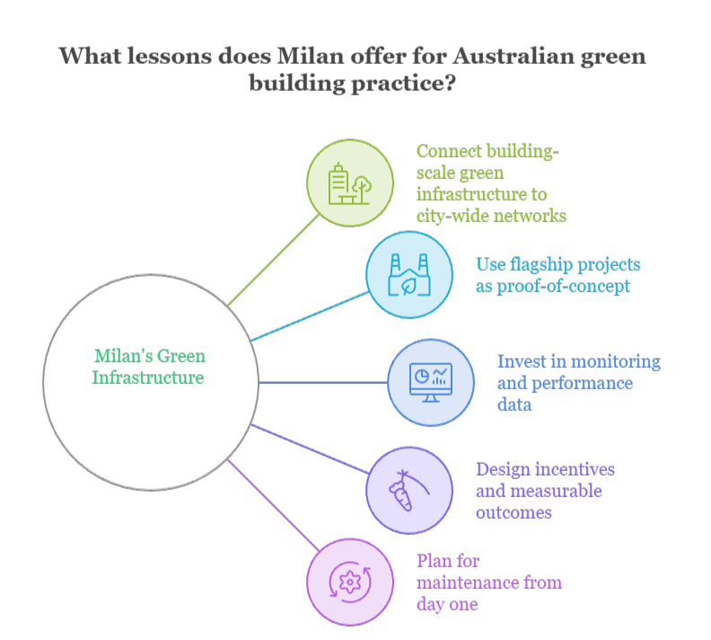 An infographic that illustrates what lessons Milan offers for Australian green building practices