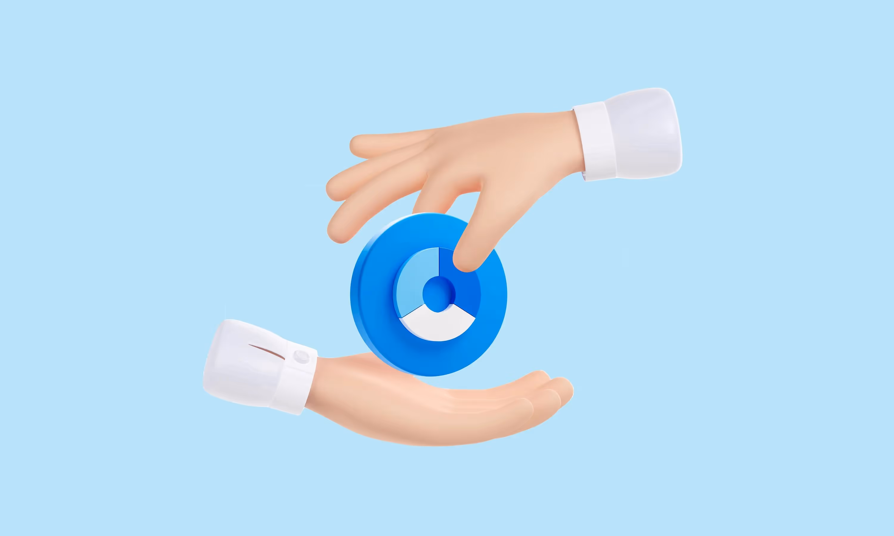 Two illustrated hands against a light blue background, one handing over a large blue circular icon with a white pie chart symbol to the other hand.