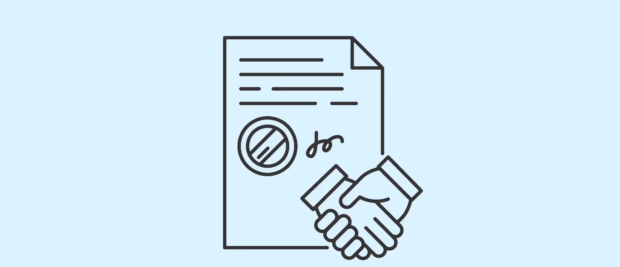 Line drawing of a document with a prohibition sign and a handshake symbol, suggesting a contract or agreement related to restrictions or prohibitions.