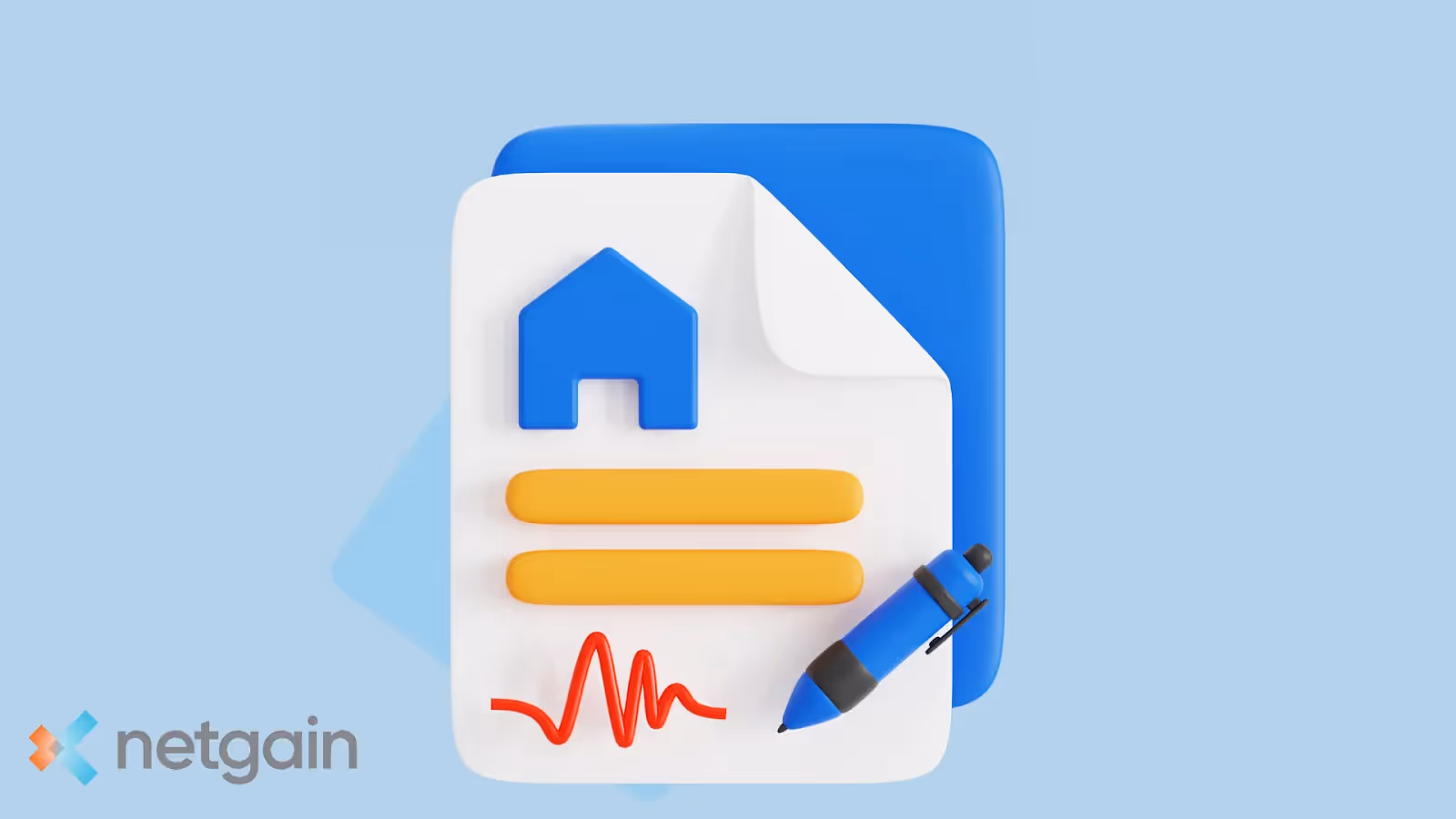 Graphic featuring a document with a house icon, text lines, and a signature scribble, accompanied by a blue pen, against a light blue background. The Netgain logo is seen in the bottom left corner.
