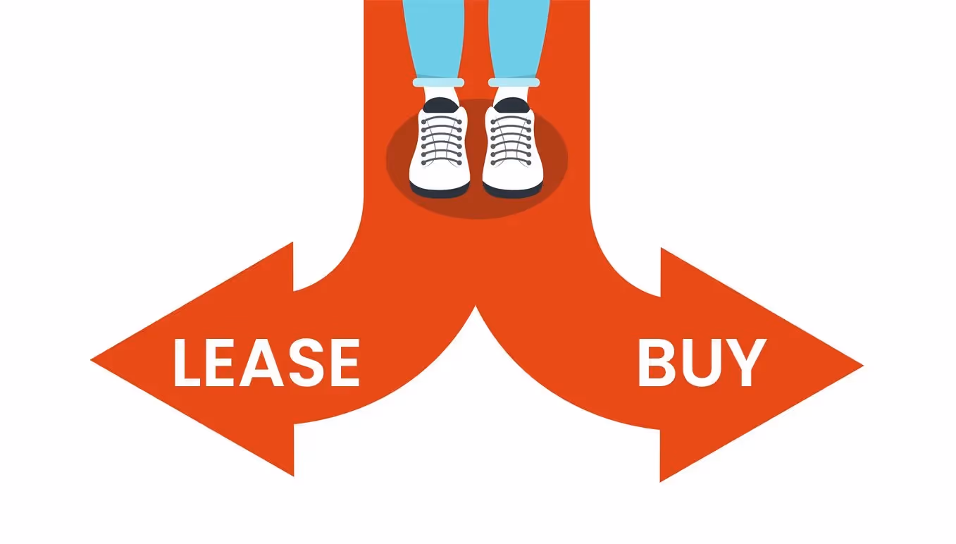 Illustration of two diverging red arrows labeled "lease" and "buy" with a person standing at the point where the arrows split, wearing sneakers.