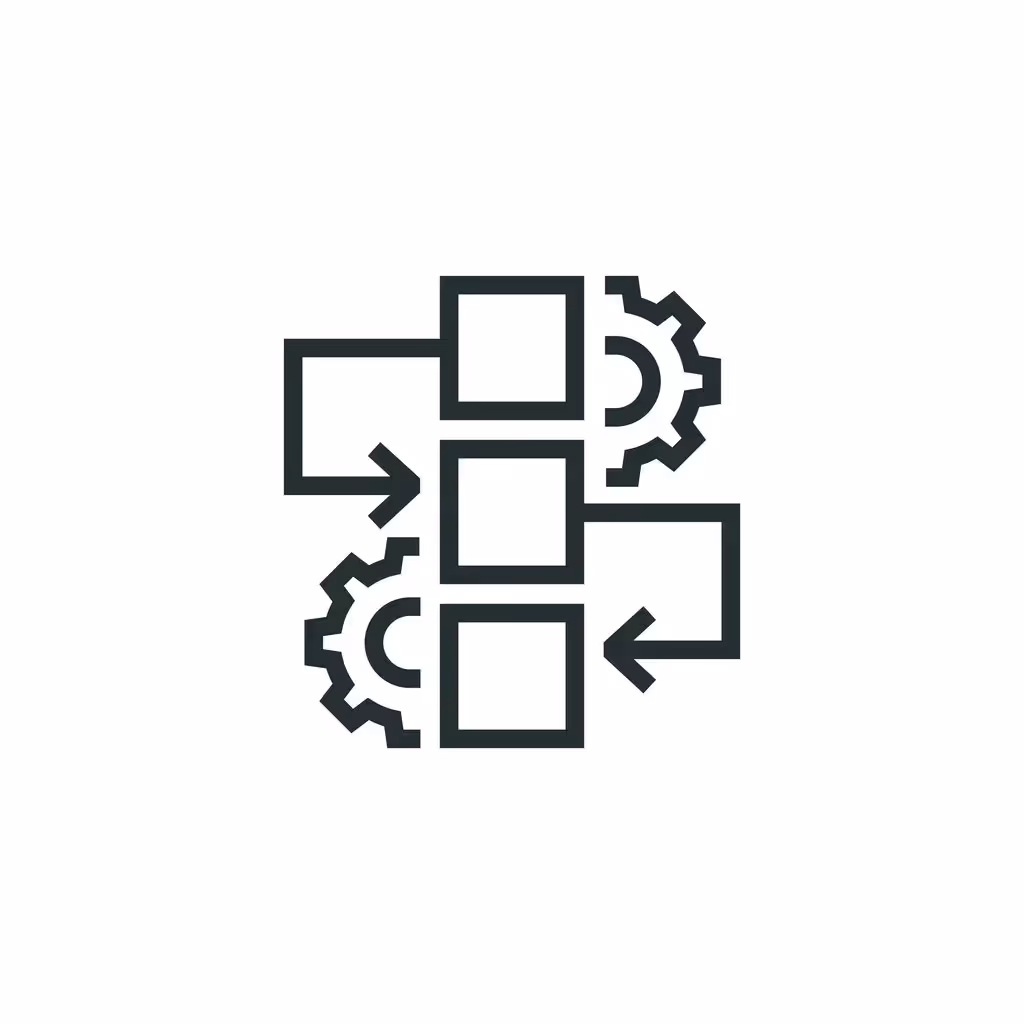 A graphic icon showing a configuration of three gears and three squares interconnected by arrows, symbolizing process flow or system integration.