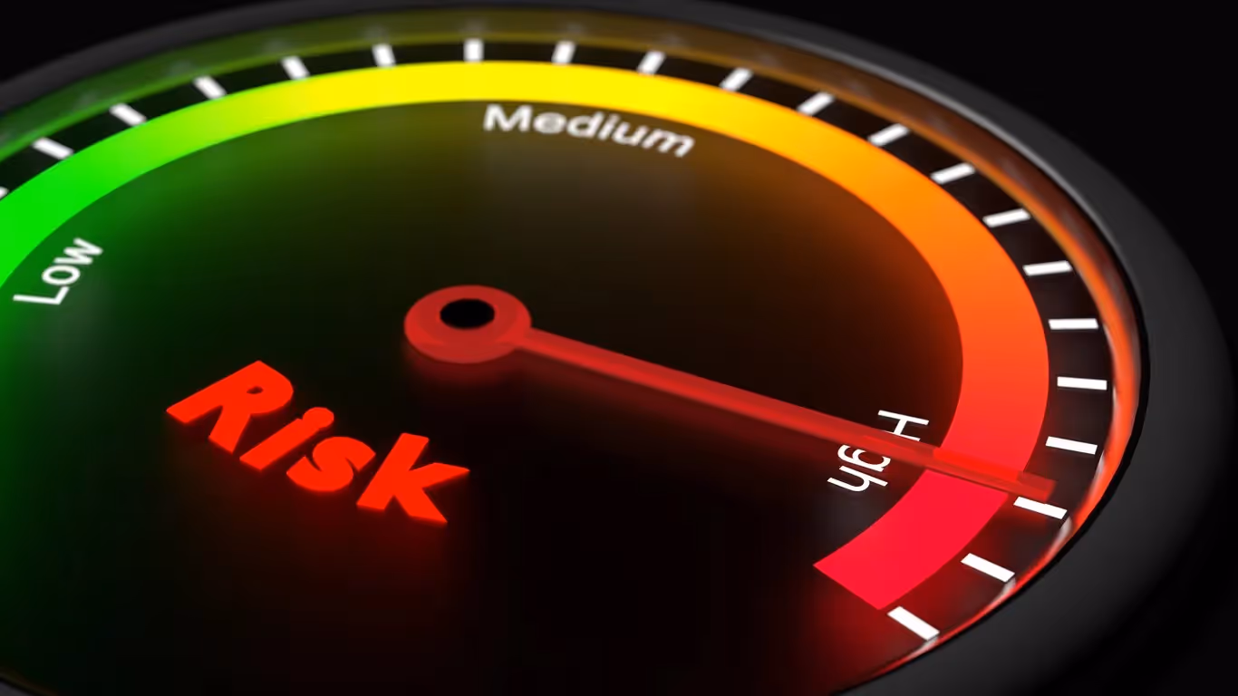 A close-up of a risk assessment meter with a needle pointing towards the high end of the scale, displayed in red against a gradient background of green to red.