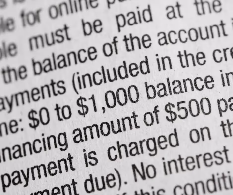 Close-up of a financial document showing text regarding payment options and balances, highlighting the figures "$0 to $1,000" and "$500".