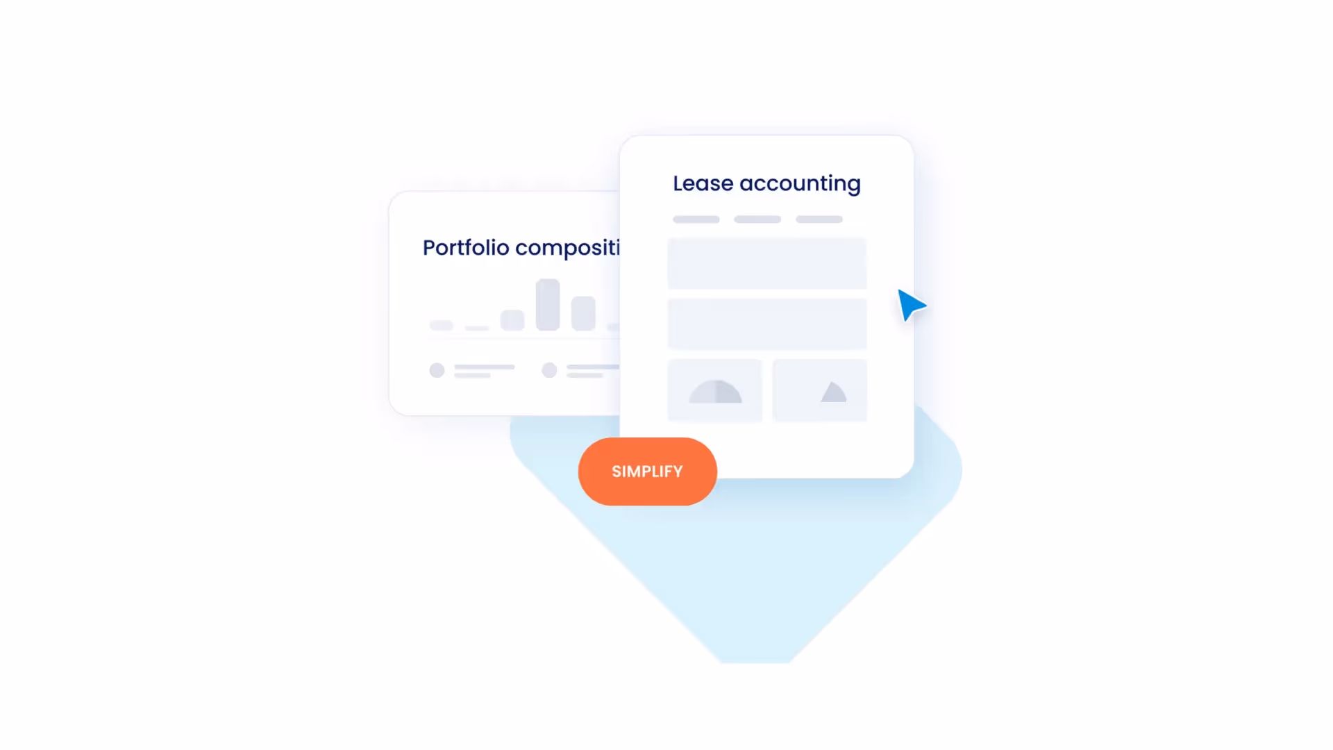 Illustration of a user interface for lease accounting, featuring tabs such as "portfolio composition" with charts and photos, highlighted by a button labeled "simplify.