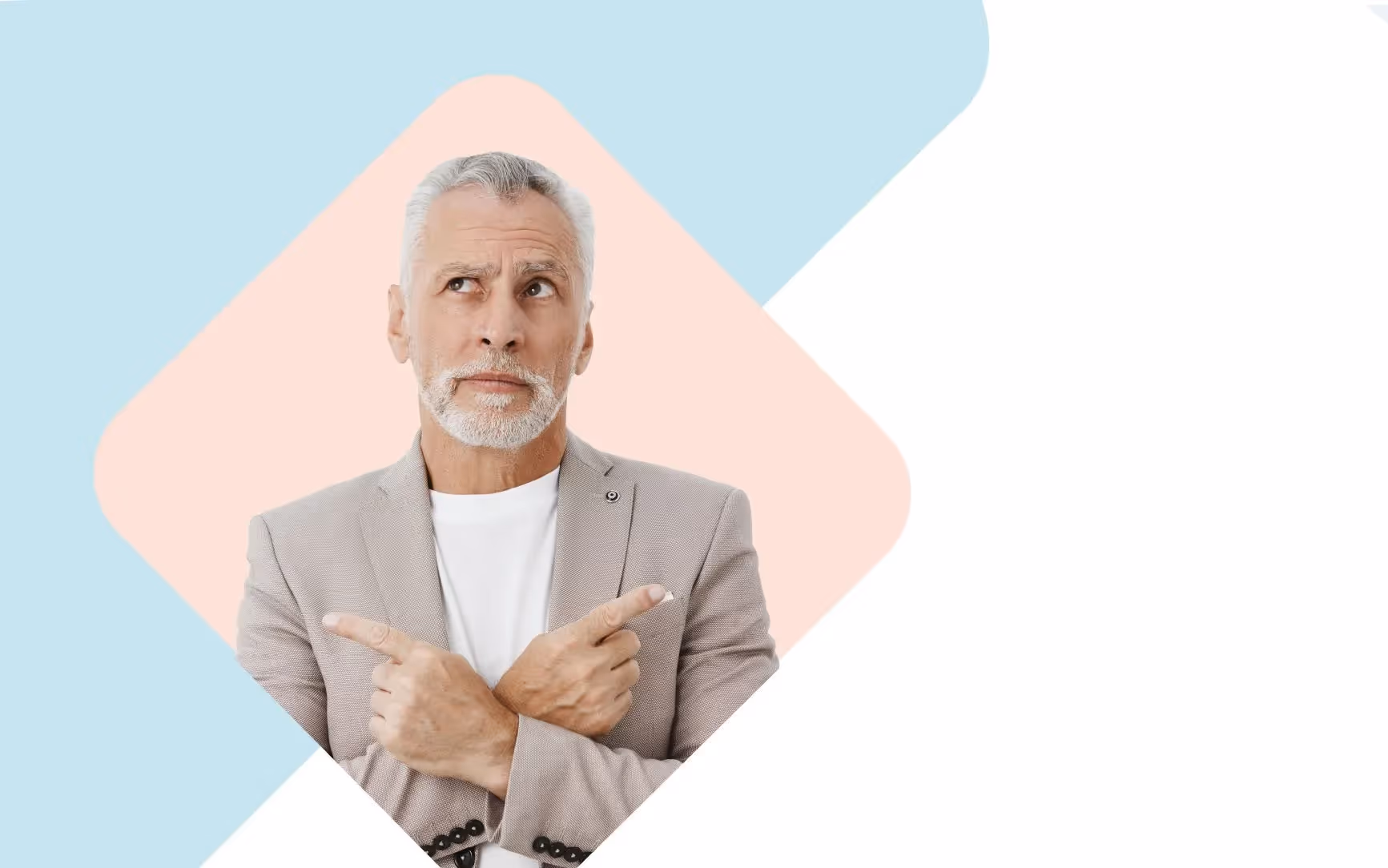 Mature man with gray hair looking puzzled, pointing in two different directions, with a mint and coral triangle background.