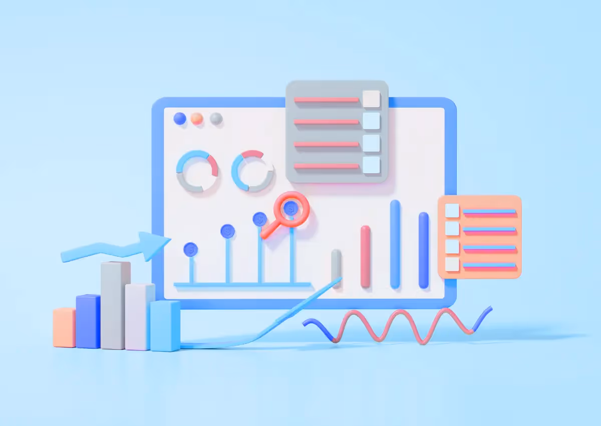 3D illustration of a data analytics dashboard with graphs and charts. Includes colorful bar charts, line graphs, and interface elements on a light blue background.