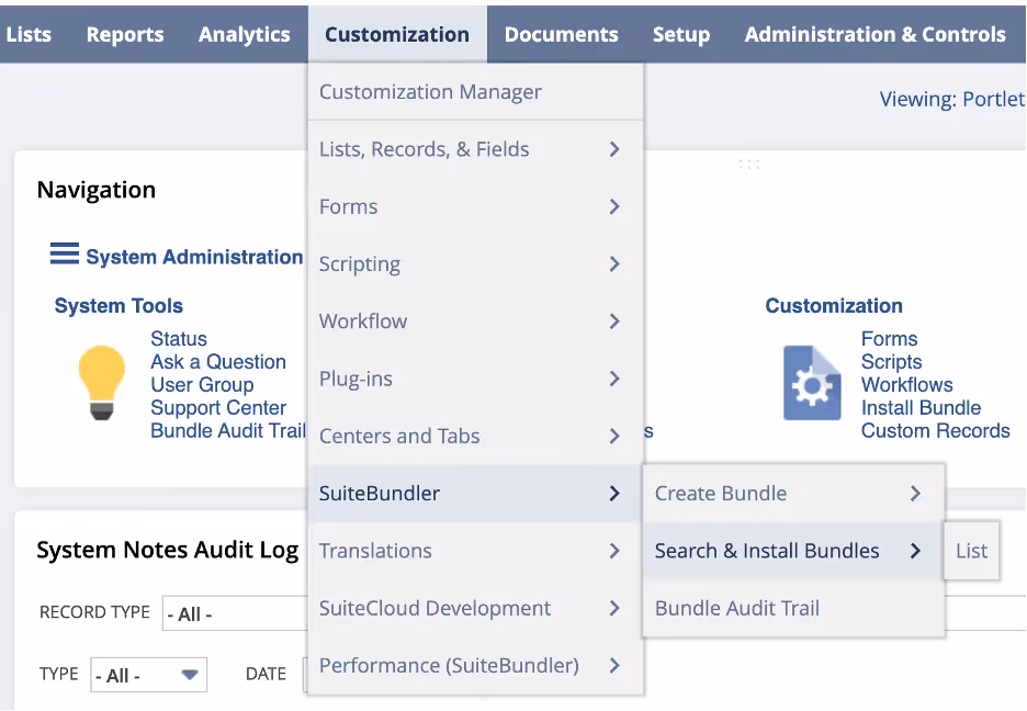NetSuite main menu tabs showing navigation to Customization > SuiteBundler > Search & Install Bundles