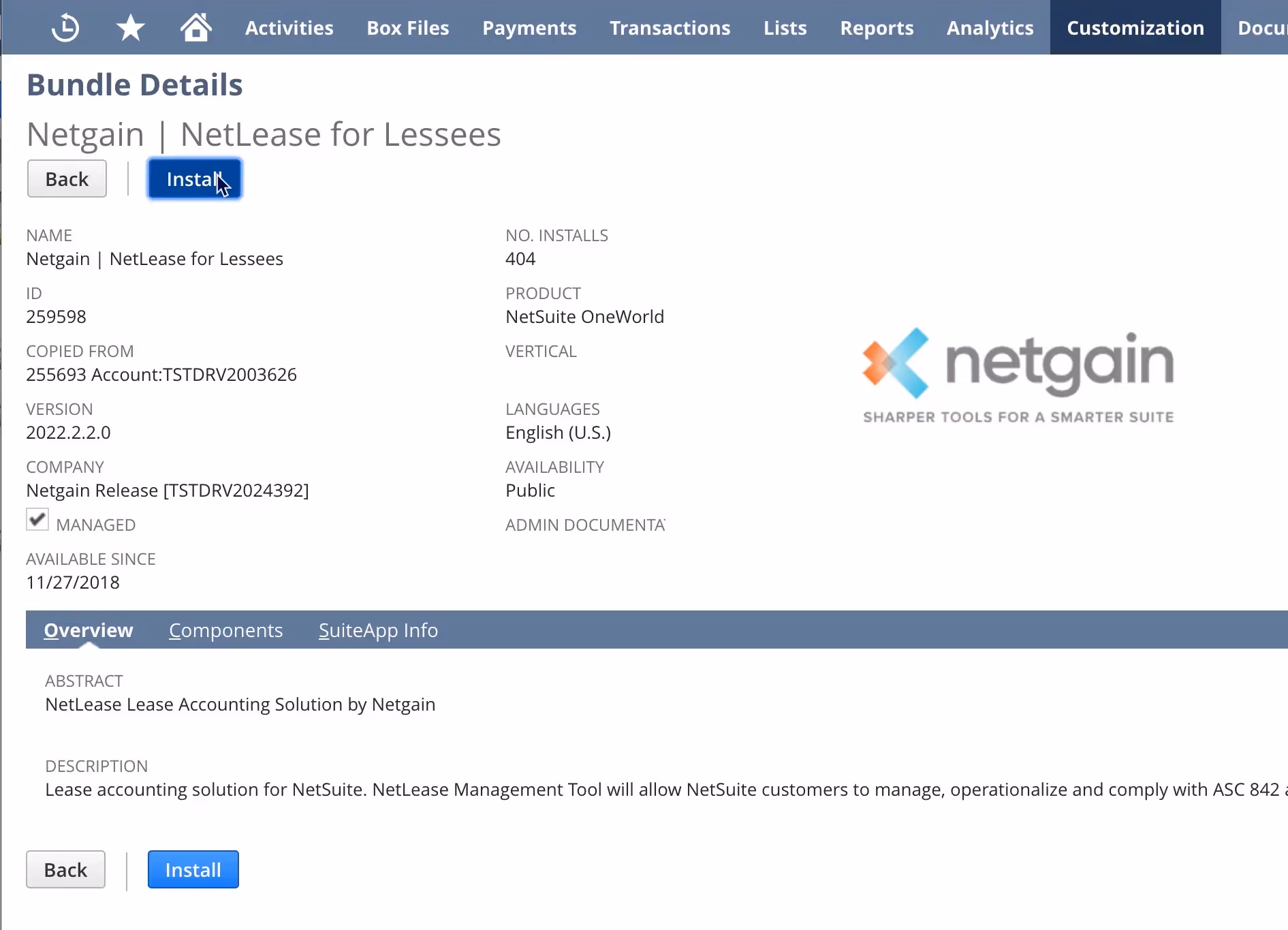 Screenshot of Netgain | NetLease for Lessees installation page