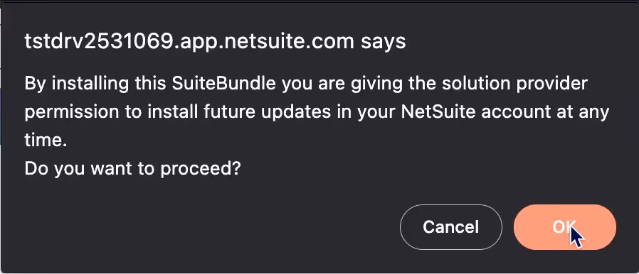 Screenshot of message box informing the user of the permissions granted with the installation and asking the user if they want to proceed with the installation