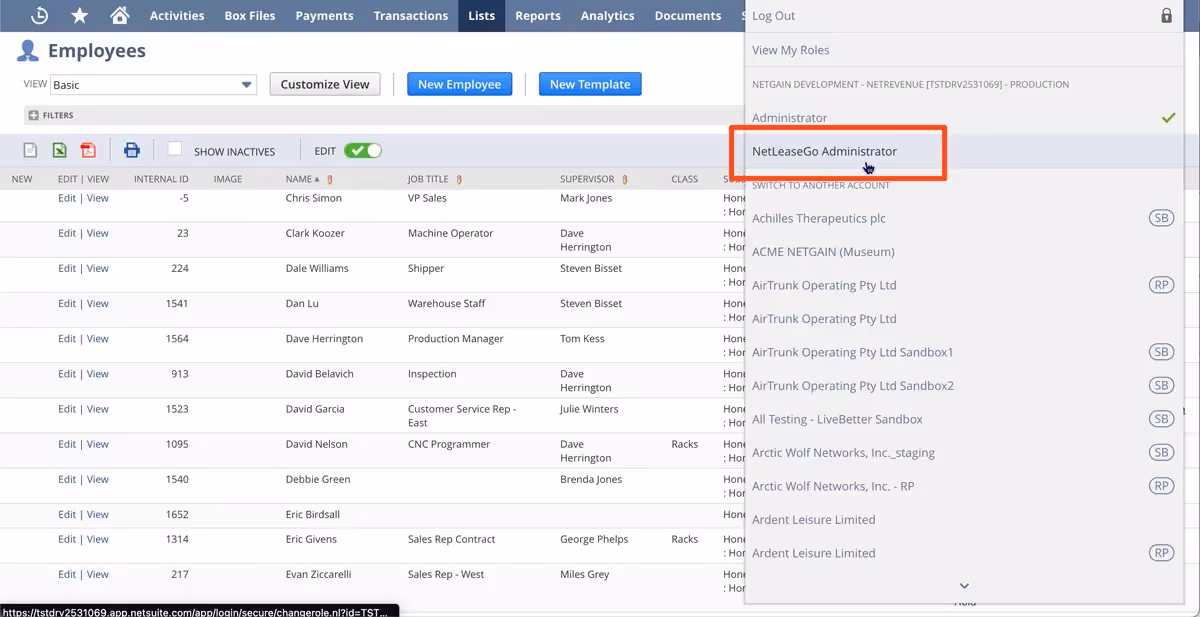 Screenshot of NetSuite employee view, showing the role NetLeaseGo Administrator in the Administrator menu