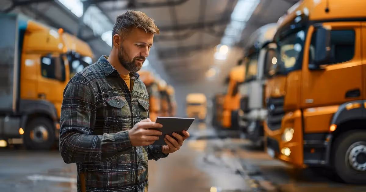 Fleet manager looking at a tablet in a warehouse with a fleet of vehicles in the background