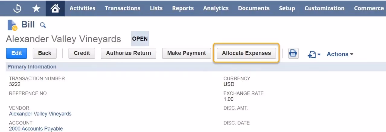A screenshot of a bill management software interface displaying a bill from Alexander Valley Vineyards. The page shows options like Edit, Allocate Expenses, and Make Payment, with transaction details including number, currency, and amount.