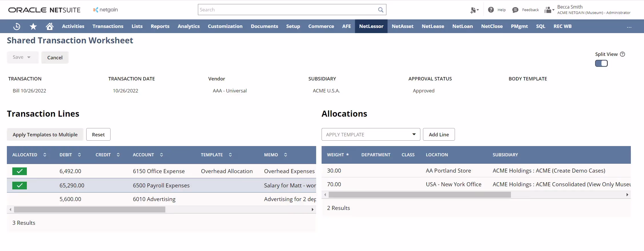 Screenshot of the Oracle NetSuite Shared Transaction Worksheet. It shows transaction lines for overhead allocation, payroll expenses, and advertising, with allocations detailing office locations and weights. User interface elements like Save and Cancel are visible.