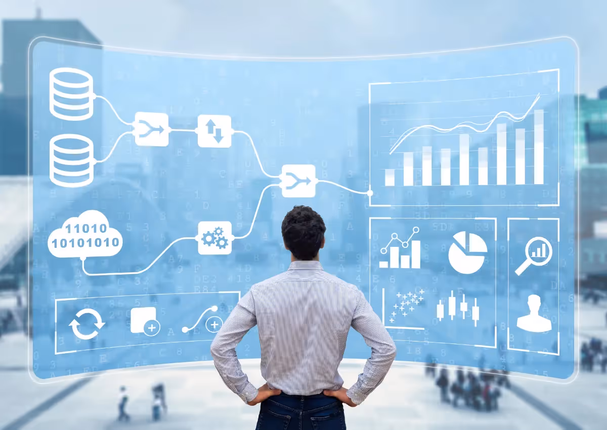 A person stands facing a digital screen displaying data flow diagrams, charts, and graphs. The background is a blurred cityscape. The screen shows binary code, flowcharts, and analytics, indicating data analysis and processing.