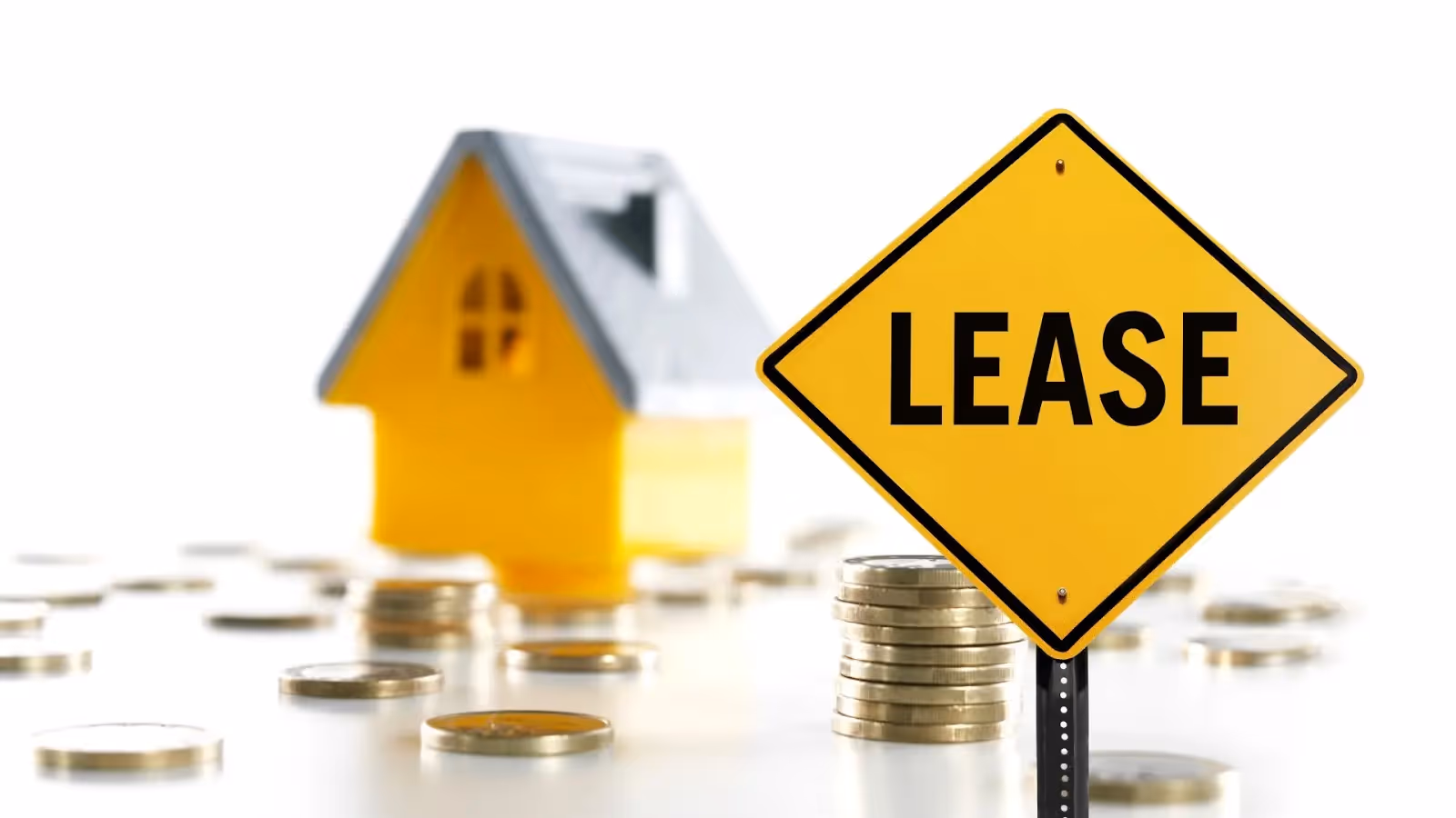 a yellow diamond-shaped sign with the word "LEASE" is prominently displayed. The scene conveys concepts of real estate and financial transactions.