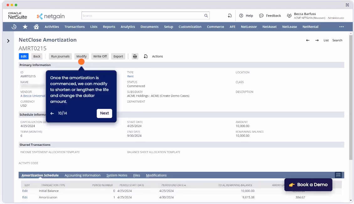 NetClose interface showing the amortization schedule screen