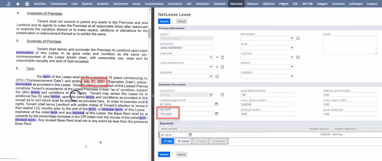 NetLease lease abstraction tool, showing a page of a contract with highlighted fields and a lease creation form populated with data from the contract