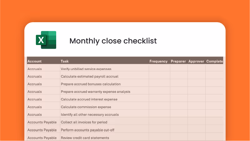 A screenshot of a table from the monthly close checklist. It lists various financial tasks like verifying expenses, preparing payroll accruals, and reviewing credit card statements, categorized under "Accruals" and "Accounts Payable." Columns include frequency and preparer.