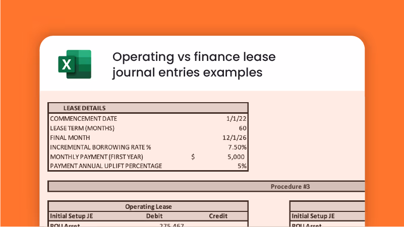 A financial spreadsheet with tables showing income statements, balance sheets, and journal entries for operating and finance leases across two years. Key figures include revenue, expenses, assets, and liabilities, with various monetary values listed.