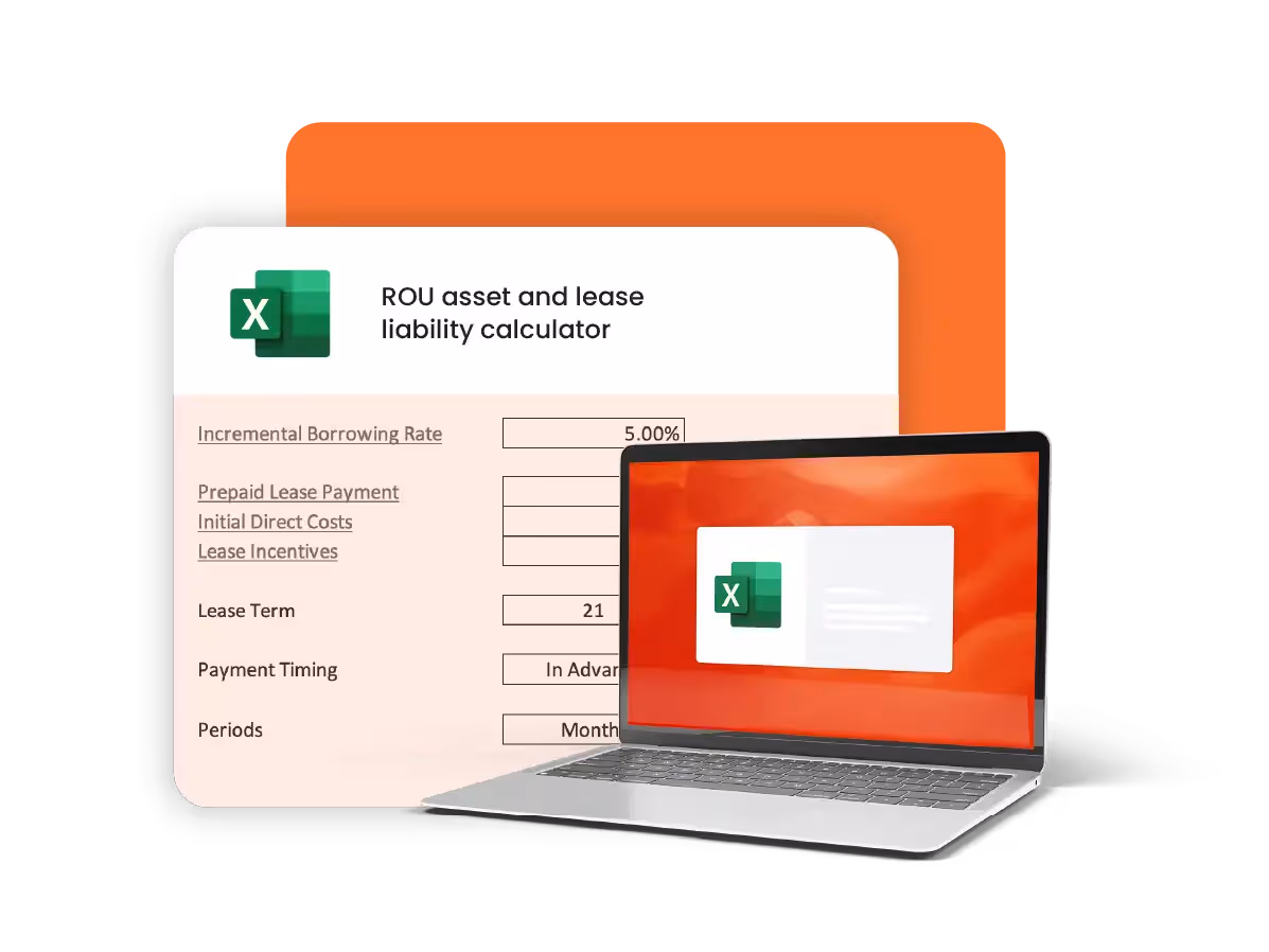 An image of a Lease Liability and ROU (Right-of-Use) Asset Calculator within the NetLease software by Netgain. The image shows a section of an Excel spreadsheet with input fields for incremental borrowing rate, lease payments, direct costs, and other variables. A table below calculates the period payments and their present value over a twelve-month period, with totals for lease liability and ROU asset at the bottom. The NetLease logo is displayed in the top right corner, emphasizing the brand's presence in the interface.