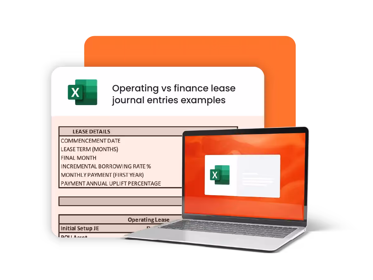 A financial spreadsheet with tables showing income statements, balance sheets, and journal entries for operating and finance leases across two years. Key figures include revenue, expenses, assets, and liabilities, with various monetary values listed.