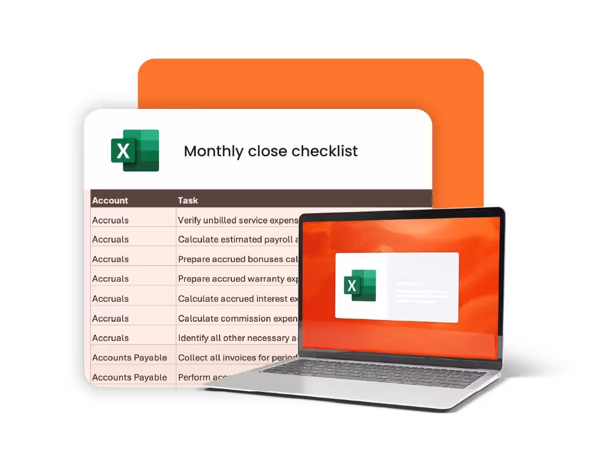 A screenshot of a table from the monthly close checklist. It lists various financial tasks like verifying expenses, preparing payroll accruals, and reviewing credit card statements, categorized under "Accruals" and "Accounts Payable." Columns include frequency and preparer.