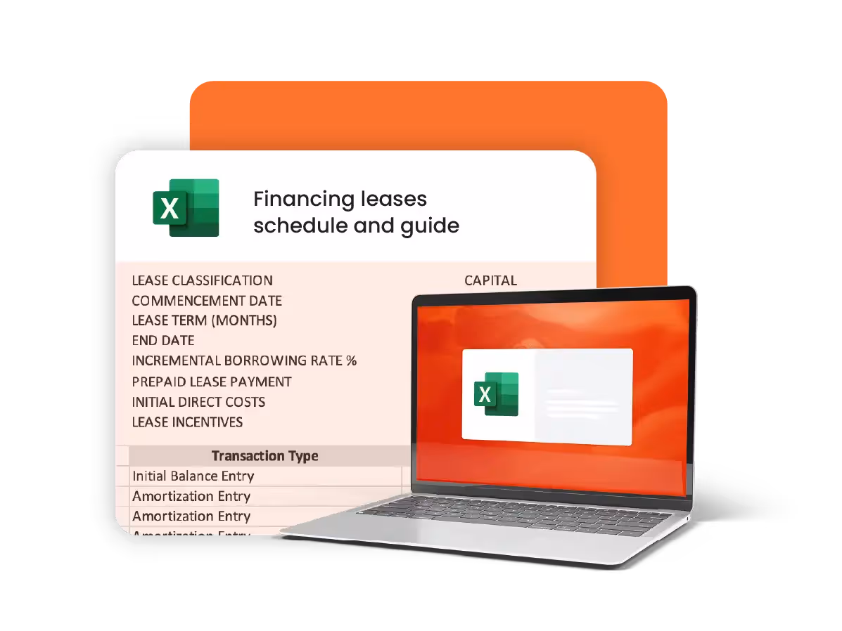 Comprehensive spreadsheet detailing a financial lease schedule and guide, split between Finance and Capital lease classifications. The table includes various entries for lease terms, commencement dates, interest rates, monthly journal entries, and a series of procedures for lease payment, expense, and interest accretion. It provides a detailed lease liability balance and depreciation expense over multiple periods. The spreadsheet is part of Netgain's lease accounting tools, showcasing an in-depth approach to complying with accounting standards such as ASC 842. Color coding helps distinguish different sections for clarity and ease of reference.