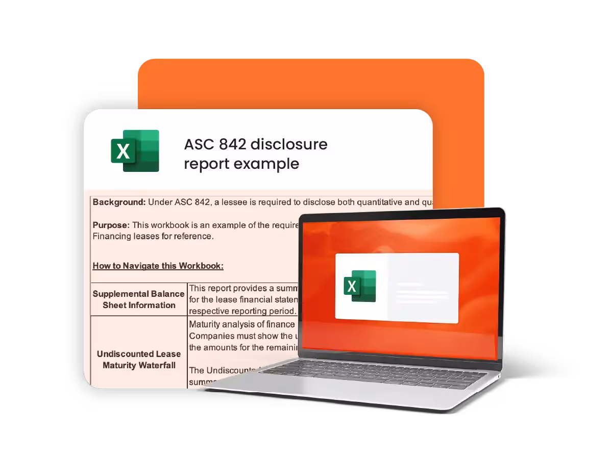 Document titled 'ASC 842 Disclosure Report Example' providing a detailed guide on lease reporting requirements. The background section states that under ASC 842, lessees must disclose both quantitative and qualitative information about their leases. This document serves as an example of the required quantitative disclosure calculations for lease portfolios, with sections explaining how to navigate the workbook. It includes instructions for supplemental balance sheet information, an undiscounted lease maturity waterfall, supplemental cash flow information, components of lease costs & impairments, short-term lease census, and weighted average calculations. Each section has a brief description of the report it provides, all aimed at supporting financial disclosures and compliance with the new lease accounting standards.