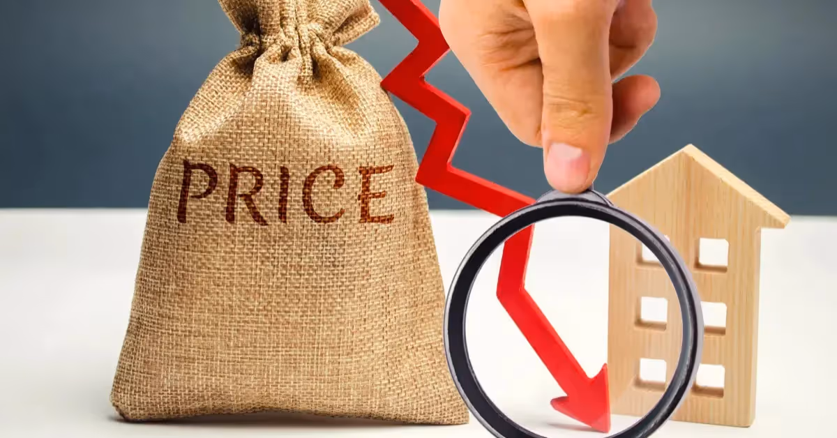 Graphic of a building next to a bag titled "price" and a downward arrow, indication falling price of the asset