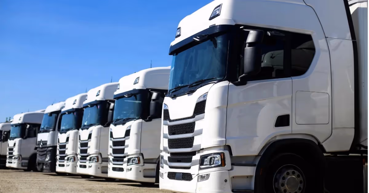 A row of new white semi-trucks parked side by side under a clear blue sky, prominently featuring the front of the first truck.