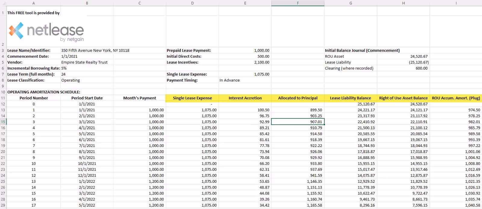 Excel spreadsheet showing lease allocation to principal