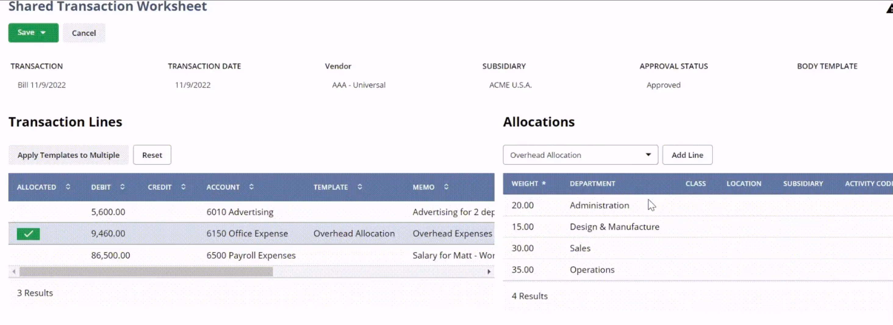 A shared transaction worksheet displays billing details, including allocation numbers, departments, credit and debit amounts, and a memo section. The table shows entries for advertising, office expenses, and payroll expenses with different costs.