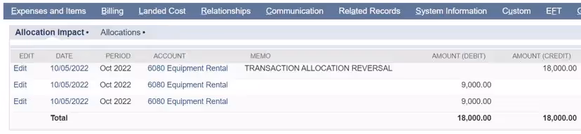 A screenshot of an allocation impact report showing transactions for equipment rental. It includes a reversal entry and two allocations, all dated 10/05/2022, with debits and credits totaling 18,000.