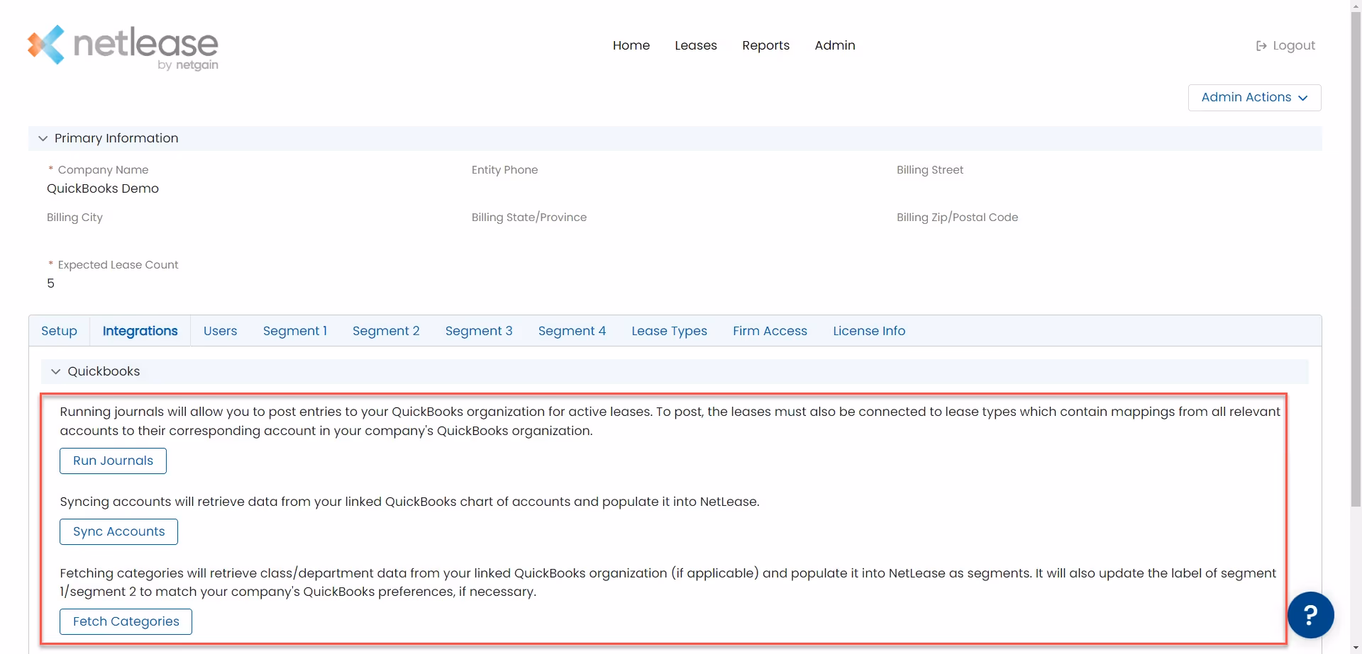 Options in integrations tab