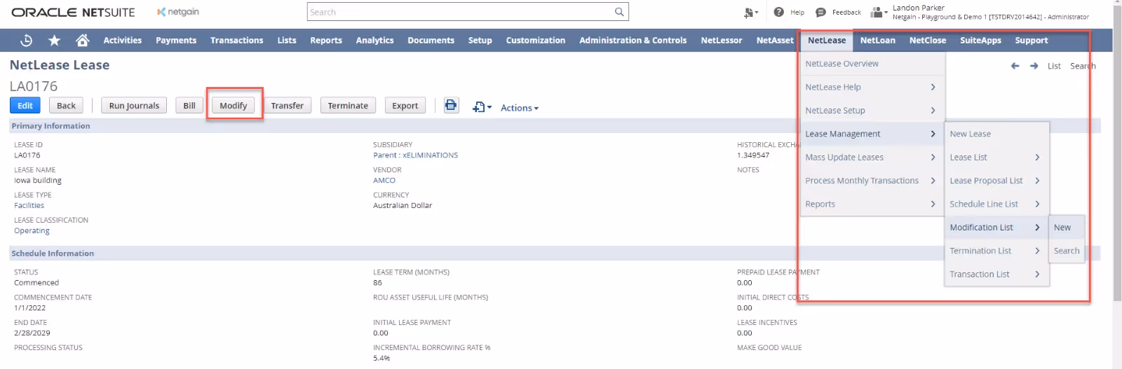 Lease modification menu in NetLease