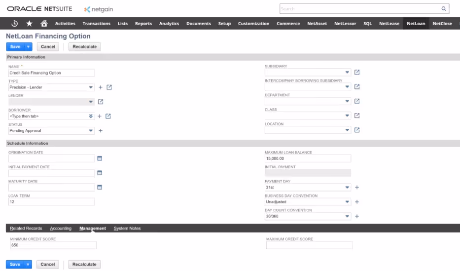 NetLoan financing option form