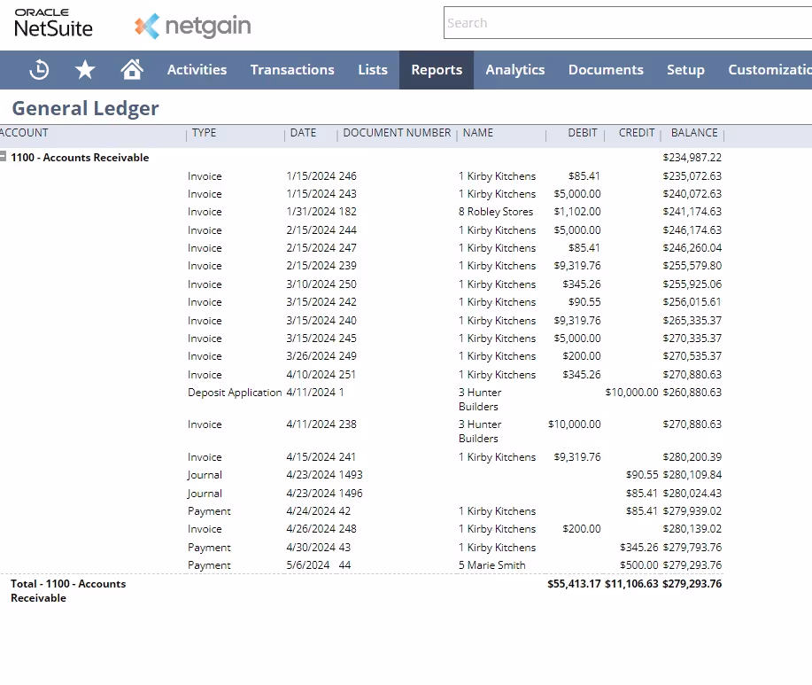 Screenshot of an accounts receivable register roll forward from January 1, 2024 to May 31, 2024