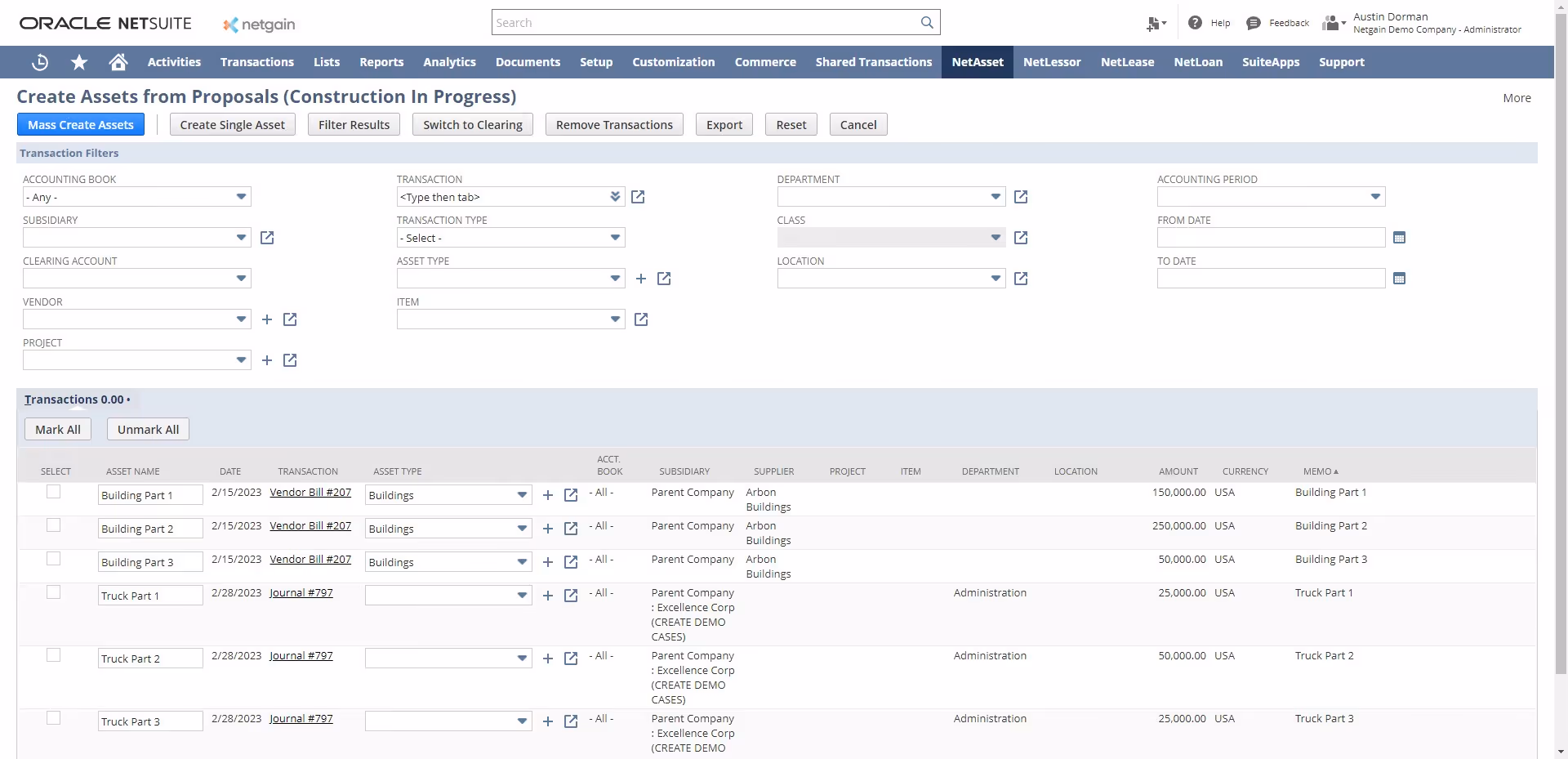 Screenshot of the NetAsset CIP account interface