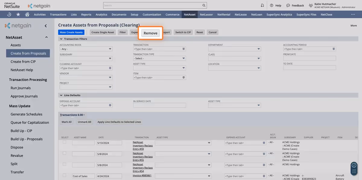 NetAsset dashboard showing "Remove" button