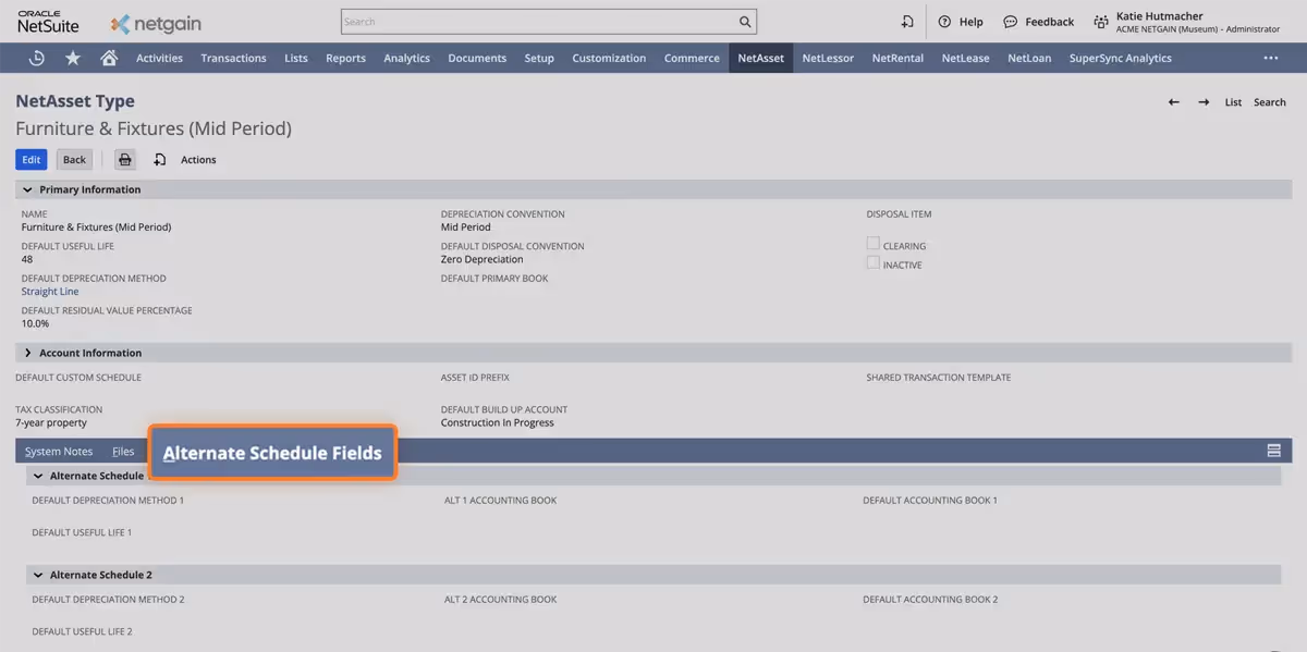 NetAsset dashboard showing Alternate Schedule Fields