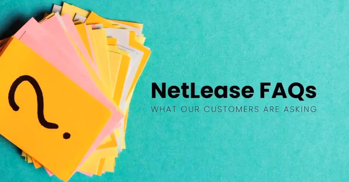 Stack of colorful sticky notes with a question mark on top, next to the text "NetLease FAQs - what our customers are asking" on a mint green background.