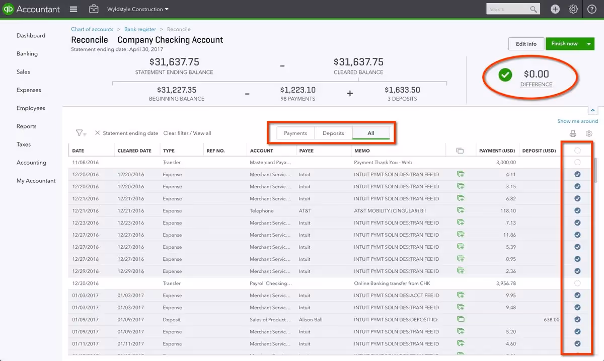 QuickBooks dashboard
