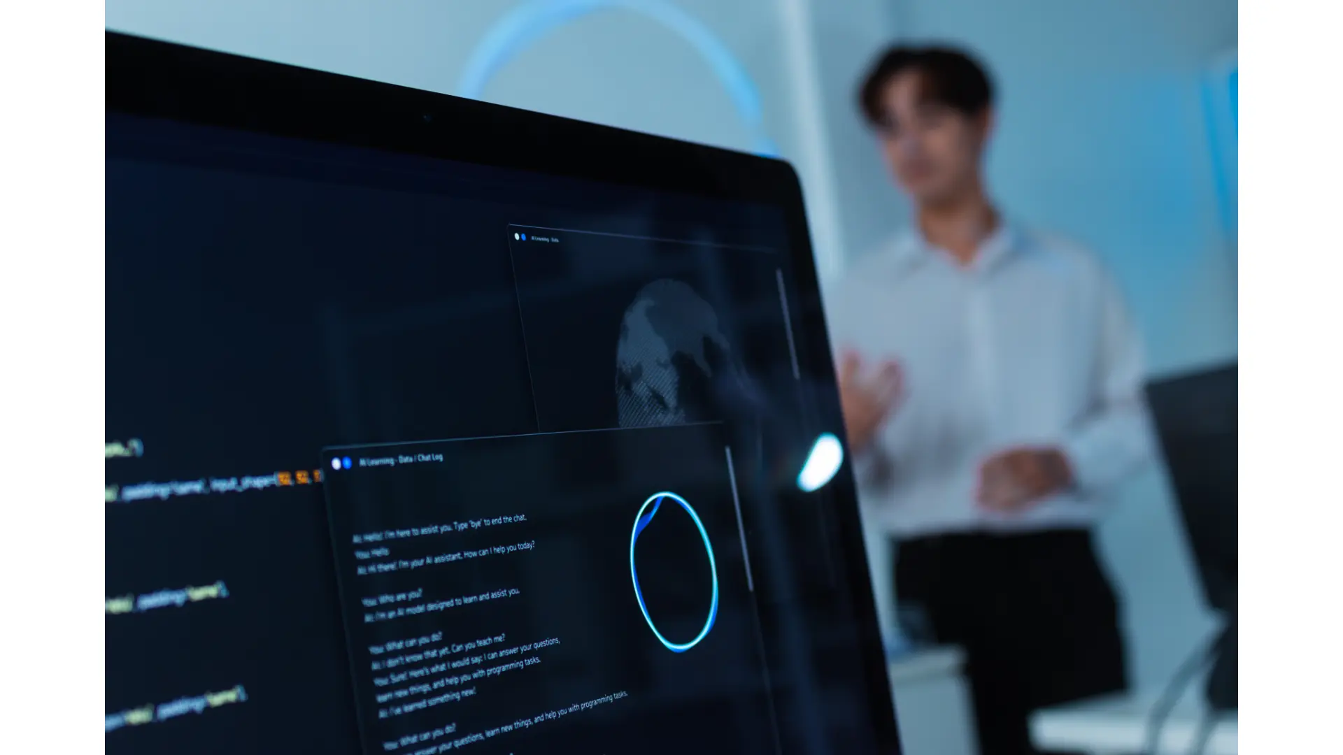 Close u of computer monitor showing A chatbot interface with asked and answer dialog