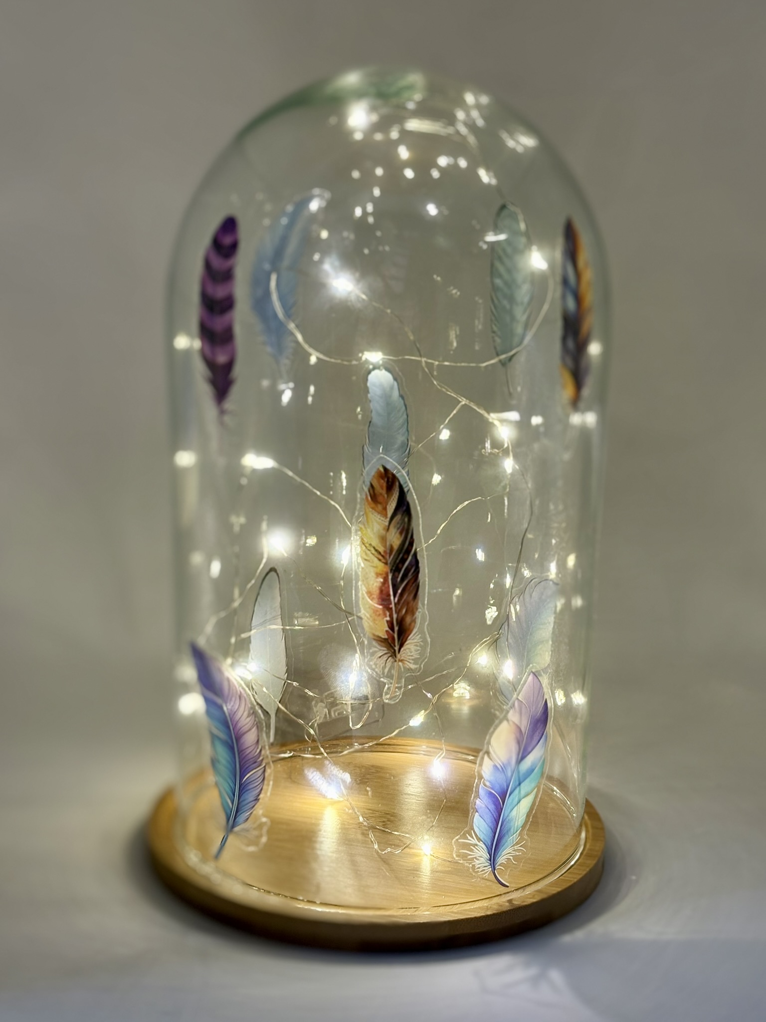 Szklany klosz piórka lampiki led