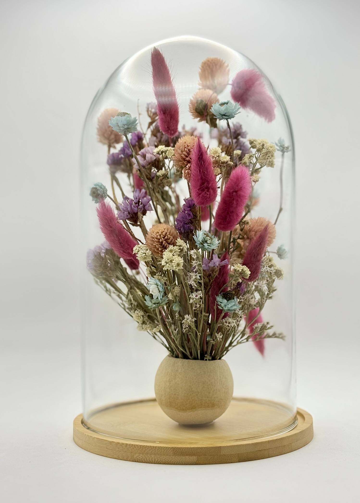 Szklany klosz bell cup limonium, niebieski złociszek, różowy dmuszek