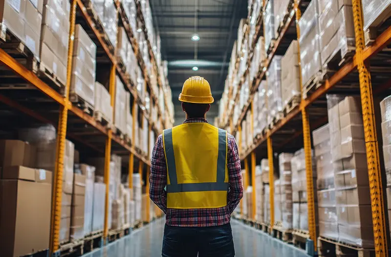 worker stood in warehouse looking at stock