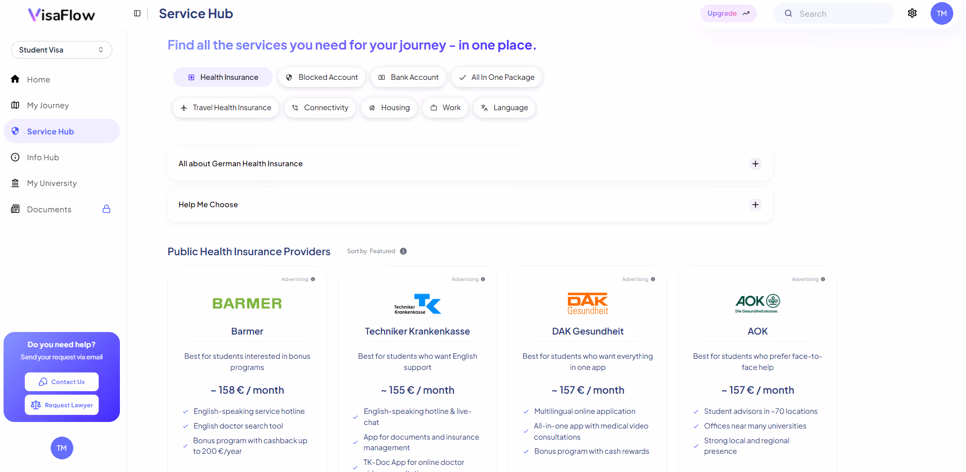 VisaFlow Service Hub webpage showing health insurance options for students, with providers Barmer, Techniker Krankenkasse, DAK Gesundheit, and AOK, each listing monthly costs and key features.