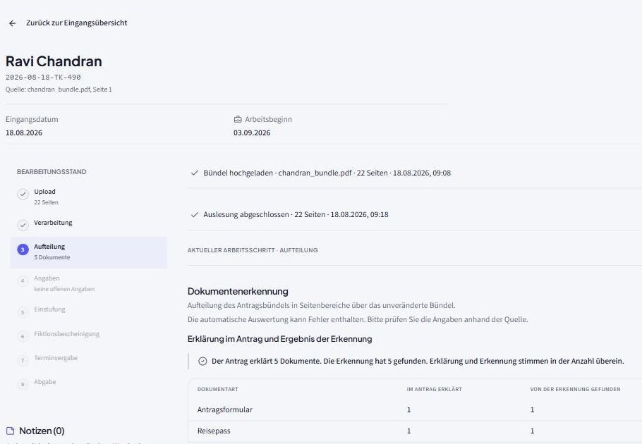 VisaFlow Prototyp: Antragsbündel wird in Dokumente aufgeteilt und erkannt